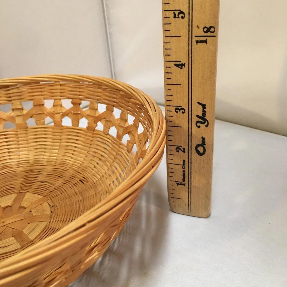 Woven Wicker Basket 8.5in Tan Round Lattice Boho Decor Cottagecore Beach Coastal